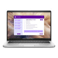Laptop Dell Pro 14 Plus vista frontal con pantalla de 14 pulgadas mostrando software de transcripción