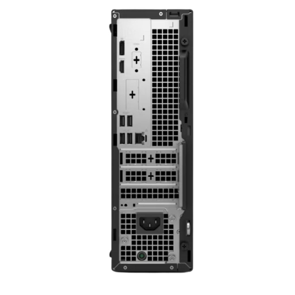 Dell Pro QCS1250 Small Desktop vista trasera con puertos USB, DisplayPort, Ethernet y fuente de poder