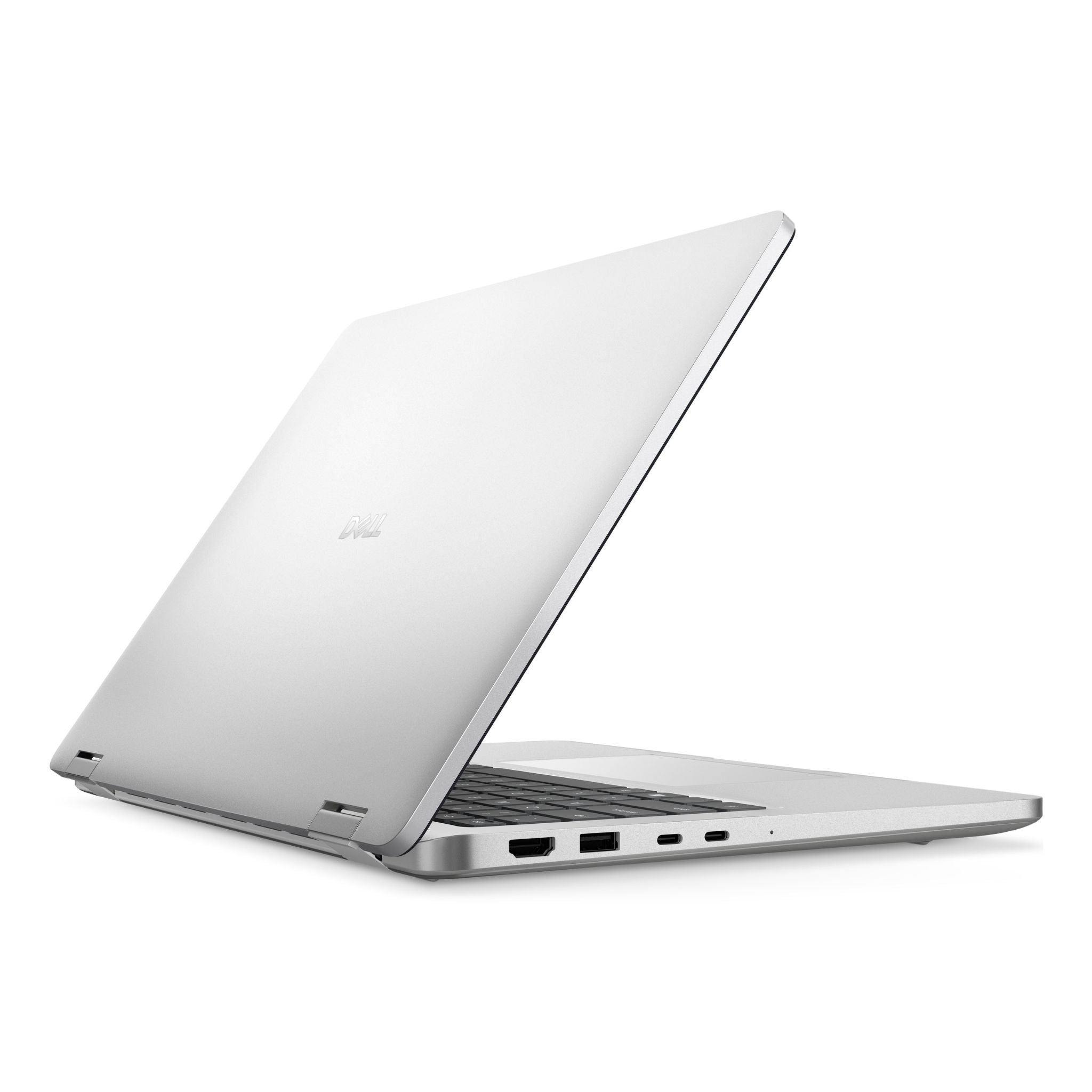 Laptop Dell Pro 14 Plus abierta vista lateral con puertos USB, HDMI y diseño ultradelgado