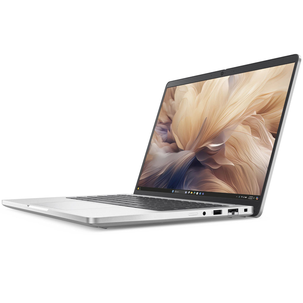 Laptop Dell Pro 14 Plus abierta vista lateral con puertos USB, HDMI y diseño ultradelgado
