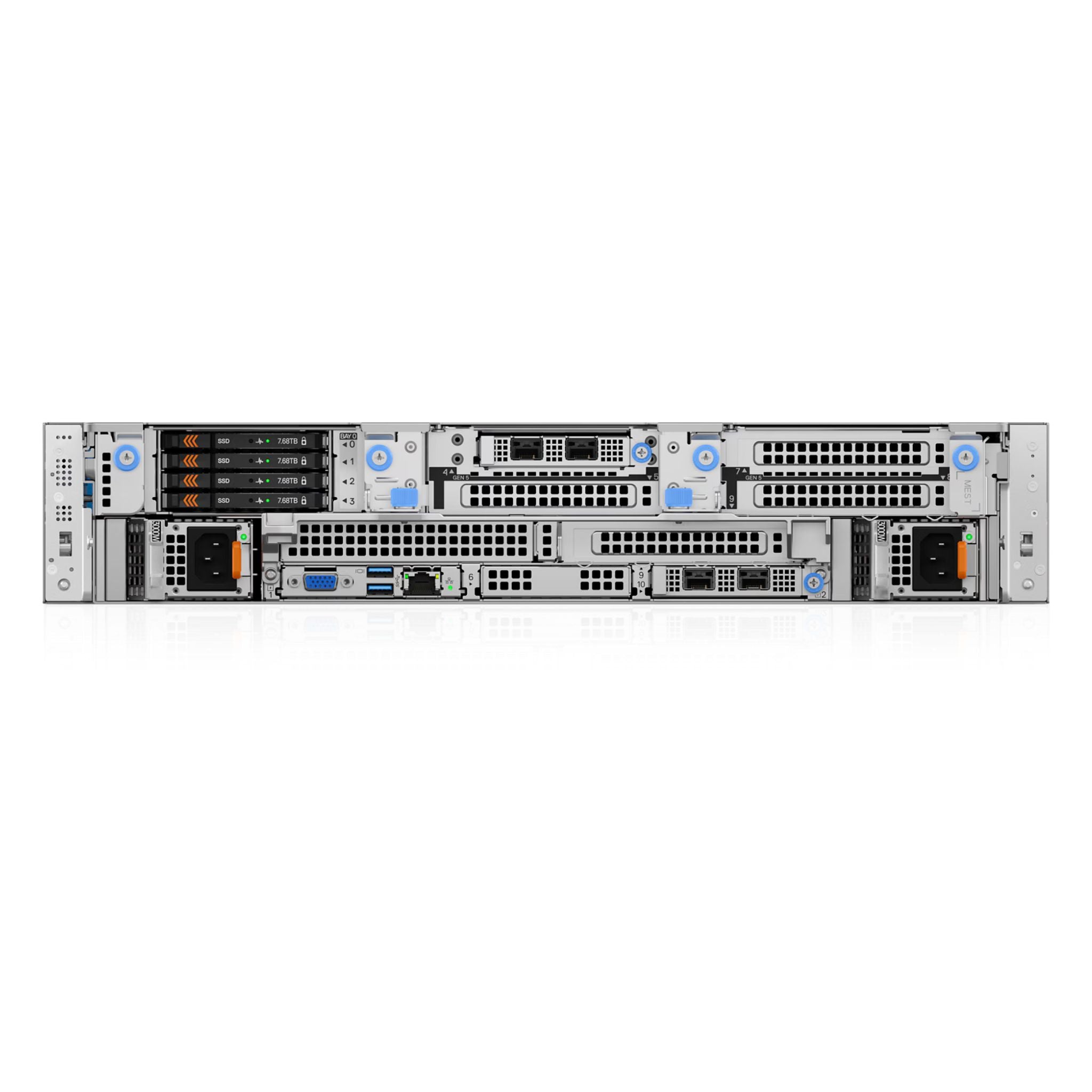 Panel trasero del servidor Dell PowerEdge R570 con puertos de red, expansión y fuentes de poder