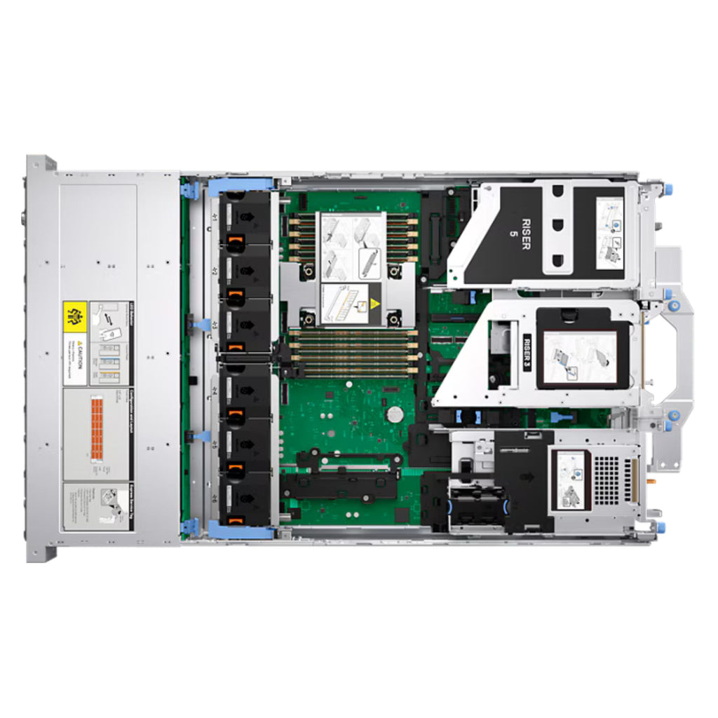 Interior del servidor Dell PowerEdge R570 con placa base, memoria RAM y sistema de ventilación