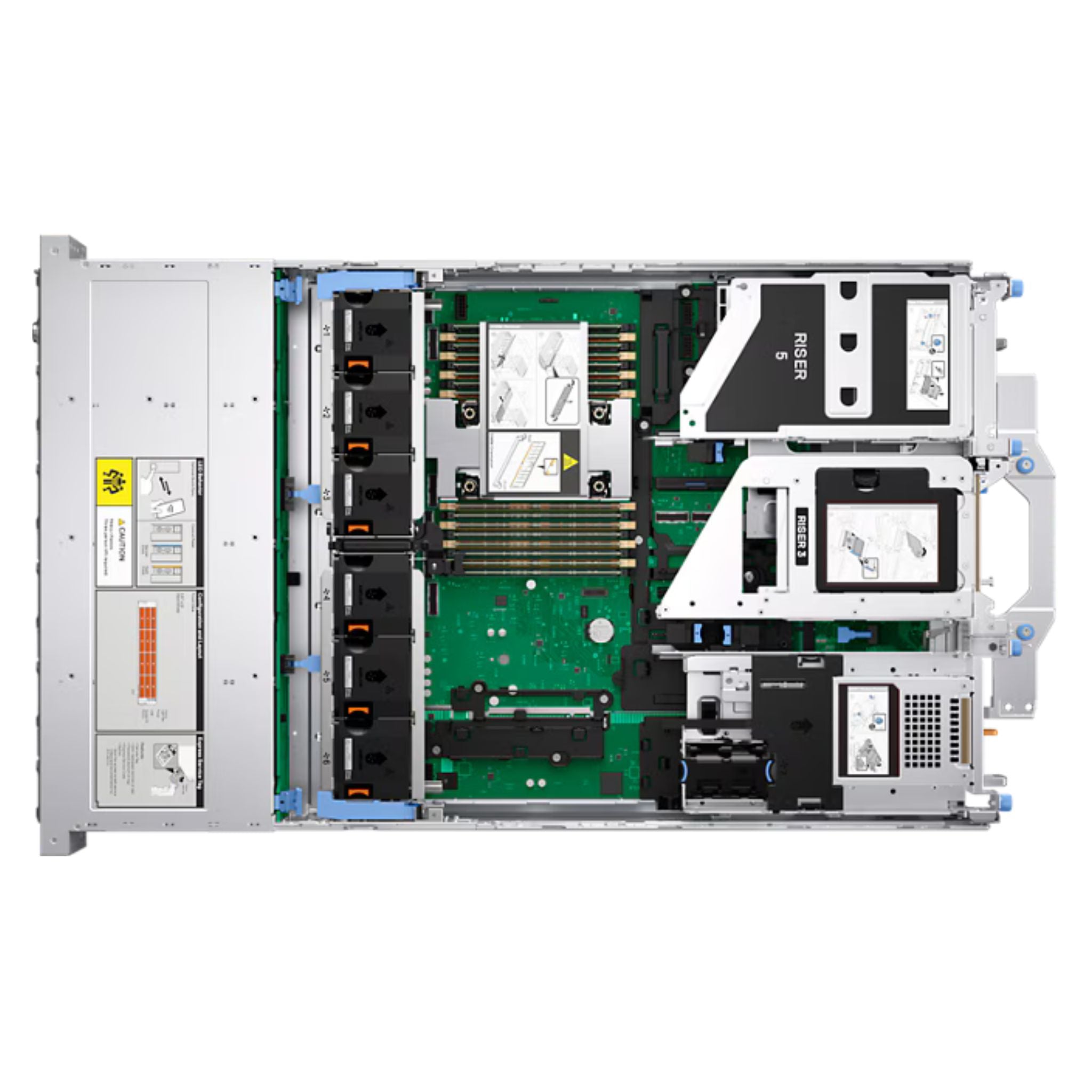 Interior del servidor Dell PowerEdge R570 con placa base, memoria RAM y sistema de ventilación