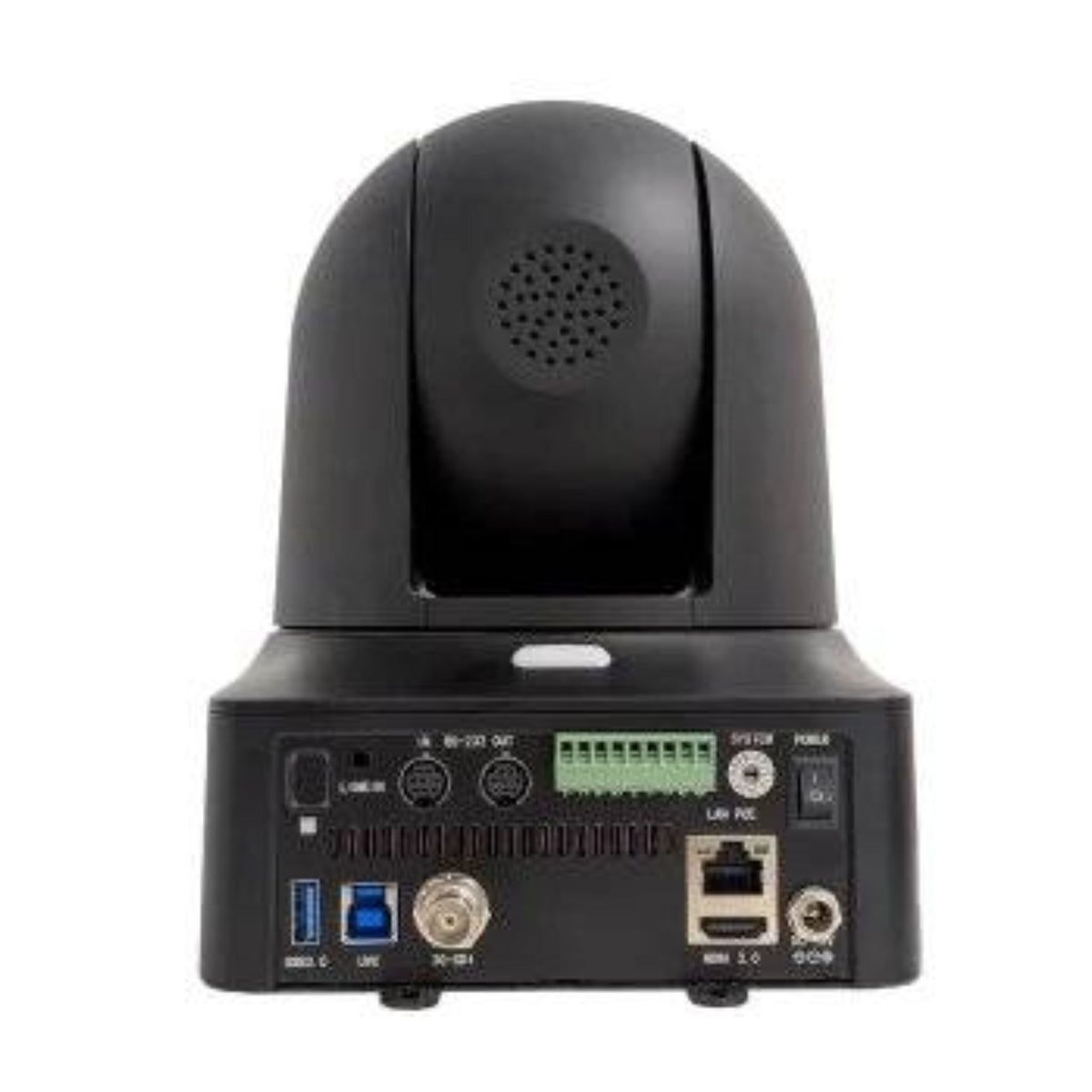 Rear view of LAIA PRC-425NB Broadcaster Pro PTZ camera showing connectivity ports, with NDI and 3G-SDI