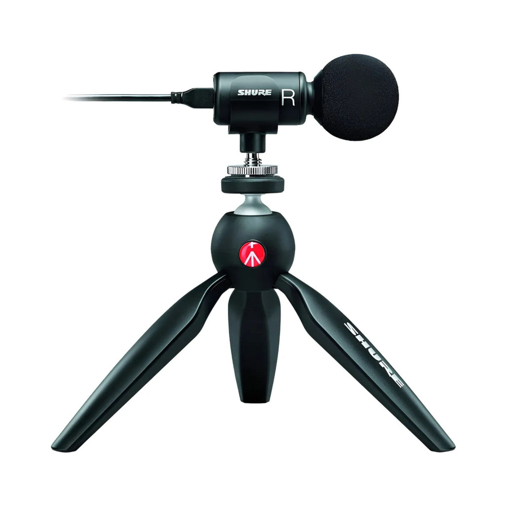 Shure MV88+ Video Kit vista trasera mostrando conexiones, soporte y estructura del kit de grabación móvil