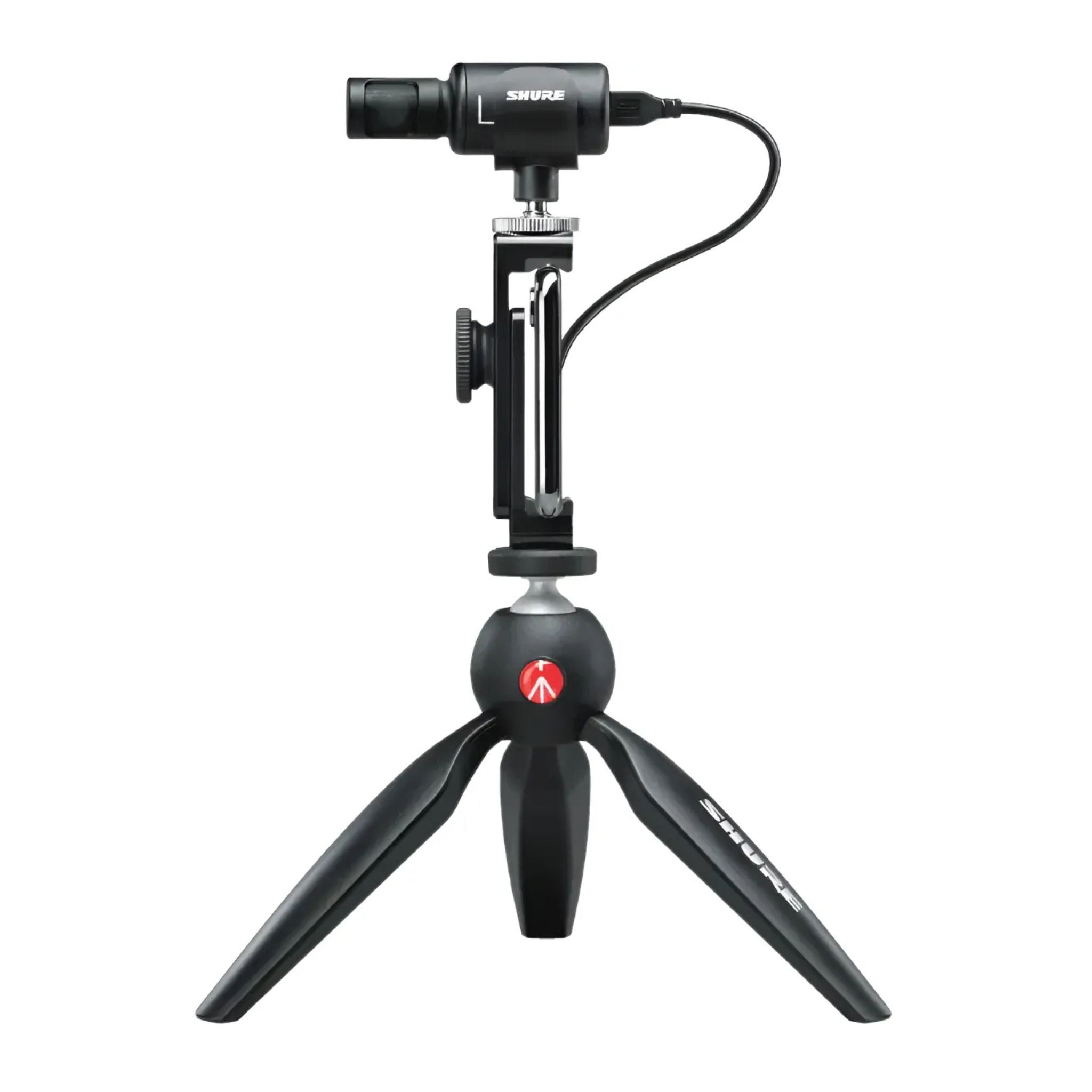 Shure MV88+ Video Kit vista lateral derecha con micrófono condensador y montaje para celular