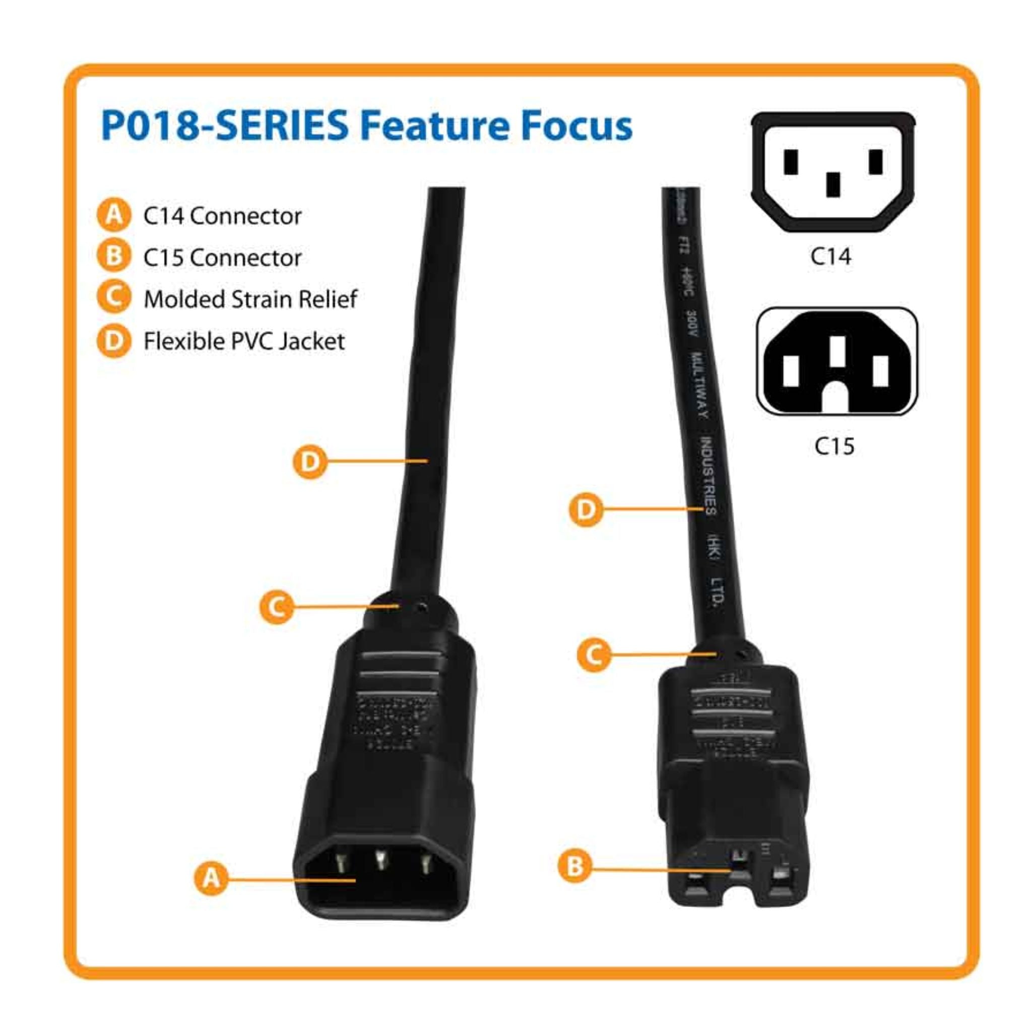 Eaton Cable de poder Tripp-Lite C14 to C15, 15A, 250V, 14 AWG, 1.83 m - Negro - P018-006