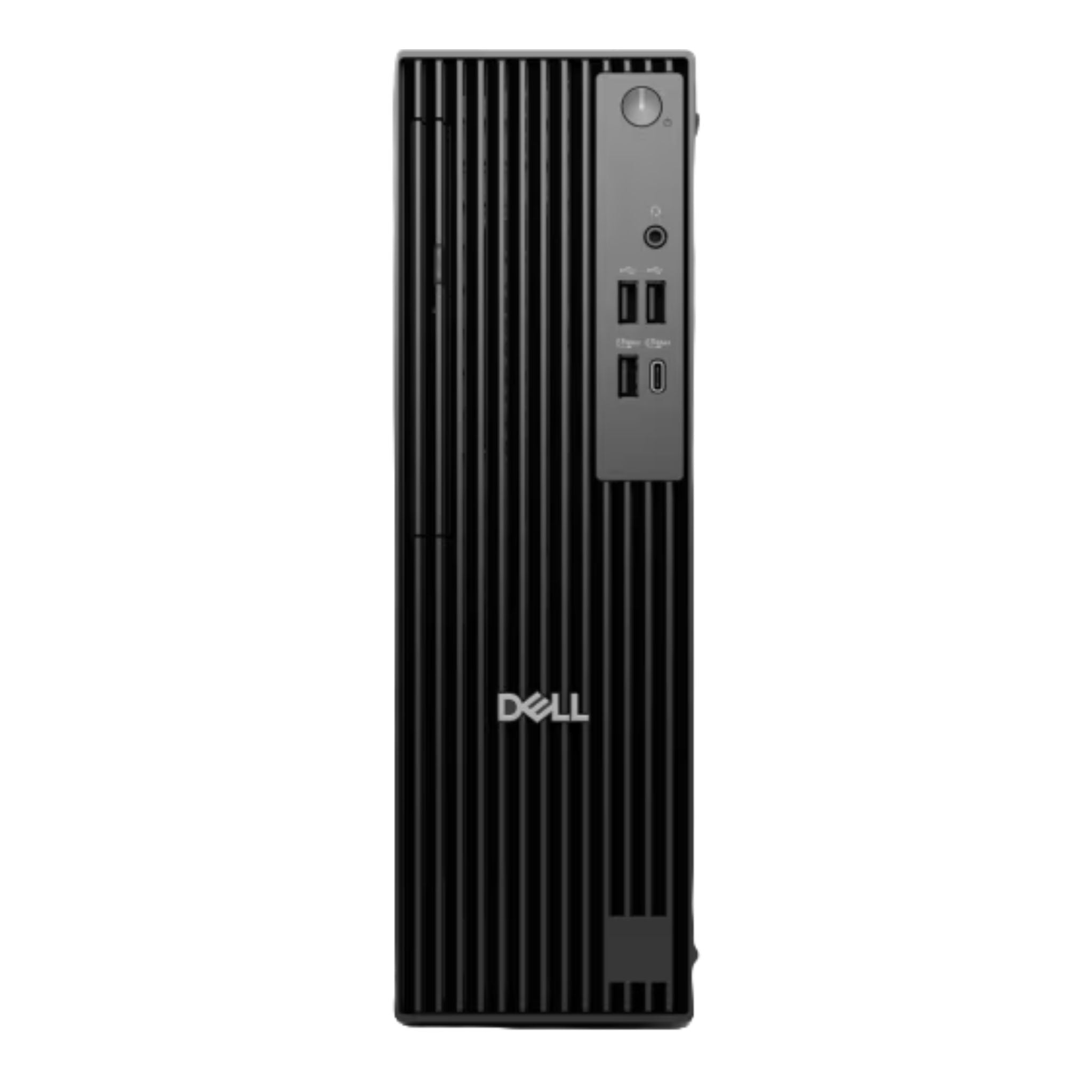 Dell Pro QCS1250 Small Desktop vista trasera con puertos USB, DisplayPort, Ethernet y fuente de poder
