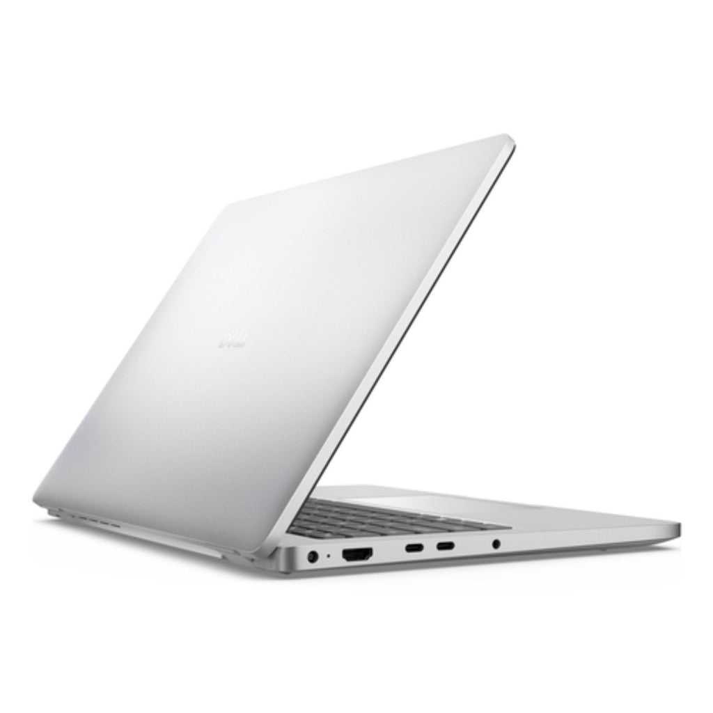 Laptop Dell Pro 14 PC14250 vista trasera en ángulo con chasis de aluminio y puertos laterales