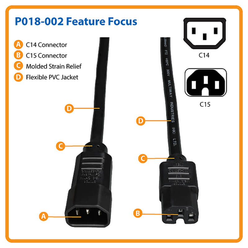 Características del cable de alimentación negro C14 a C15 para equipos electrónicos