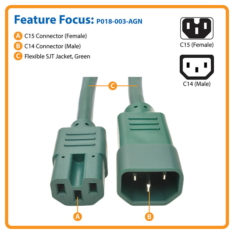 Detalle de conectores en cable de alimentación verde C14 a C15