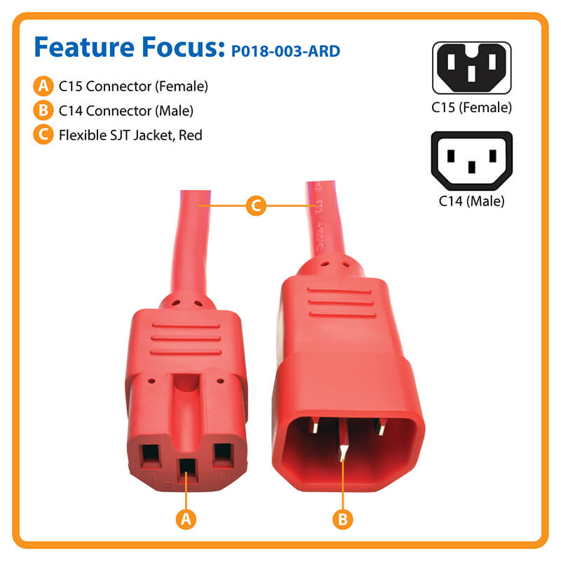 Cable de poder Tripp-Lite Eaton C14 a C15, 15A, 250V, 14 AWG, 91 cm, Rojo - P018-003-ARD