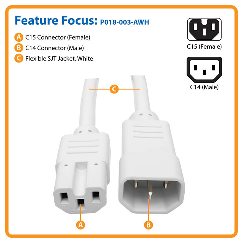 Detalle y características del cable de alimentación blanco C14 a C15