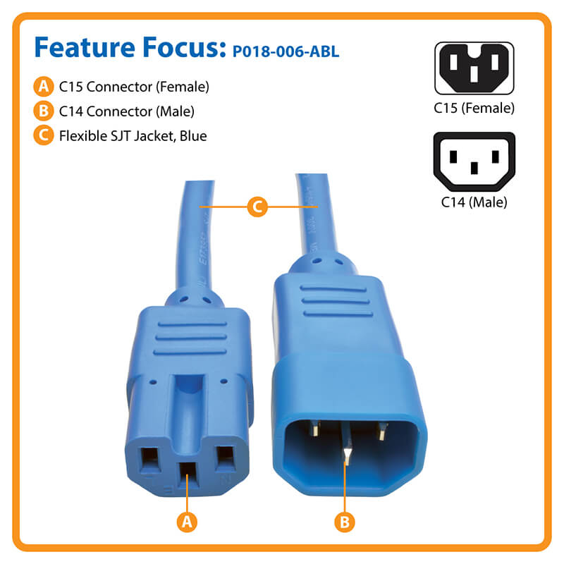 Detalle de conectores en cable de alimentación azul NEMA a C13