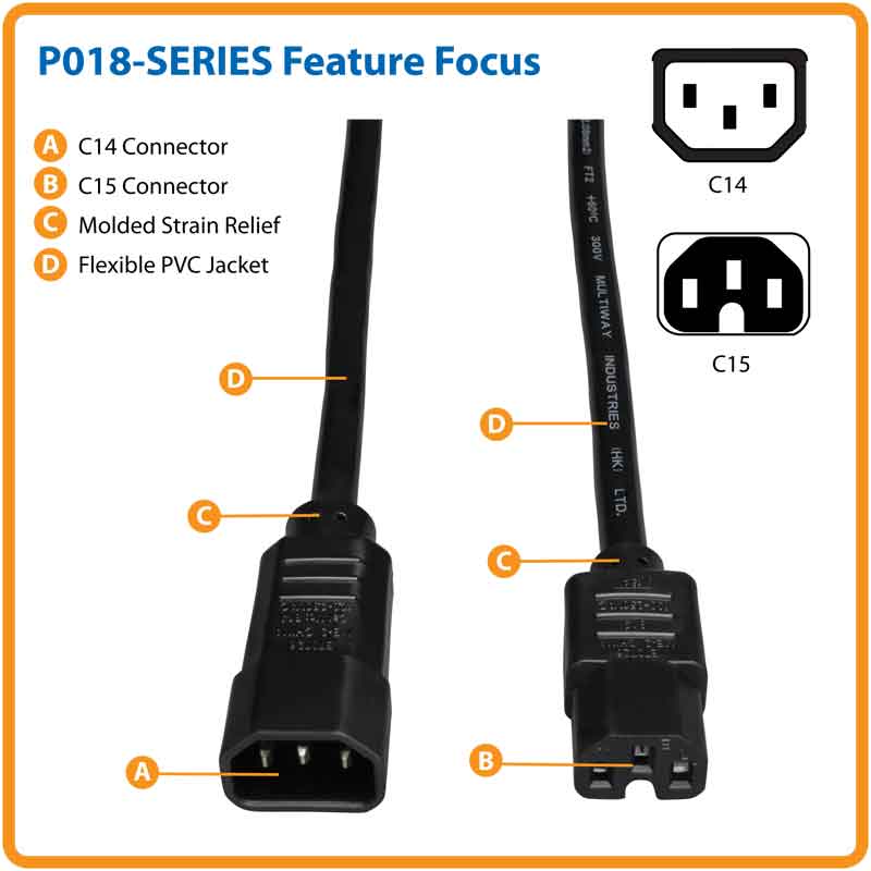 Características del cable de alimentación C14 a C15 para equipos electrónicos y servidores
